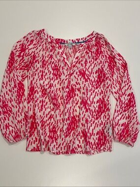 BODEN Confetti Popover Top US 4 UK 8 Pink White V-Neck Blouse 3/4 Ballon Sleeve
